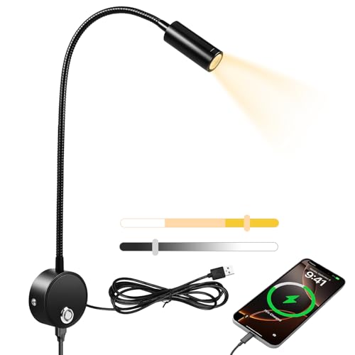 HOTUT LED Wall Reading Lamp for Bedroom, USB Powered LED Wall Mounted Reading Light, Flexible Bedside Light with Touch Switch and USB Output Port, 6000K- 4000K- 3000K Adjustable Colors