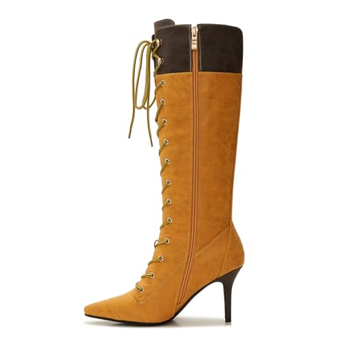 Women's Two-Tone Lace-Up Knee High Boots, Pointed Toe Faux Leather Stiletto Heel Dress Boots for Fall Winter2