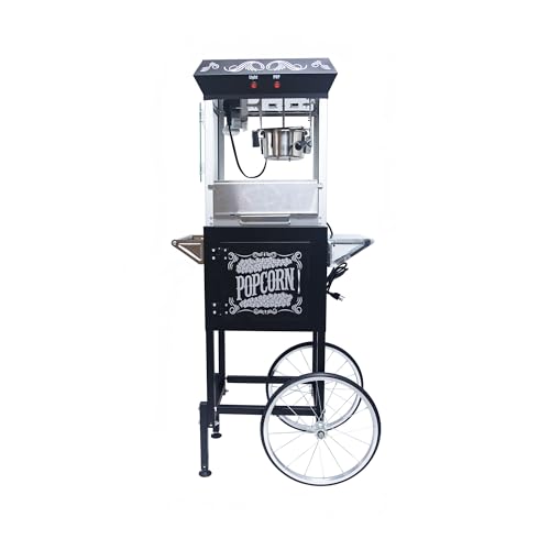 Commercial Vintage Style Popcorn Machine with Cart, 8oz Stainless Steel Kettle Popper with Heated Deck and Kernel Drawer, Tempered Glass Panels, Bicycle-Style Wheels for Parties & Events (Black)