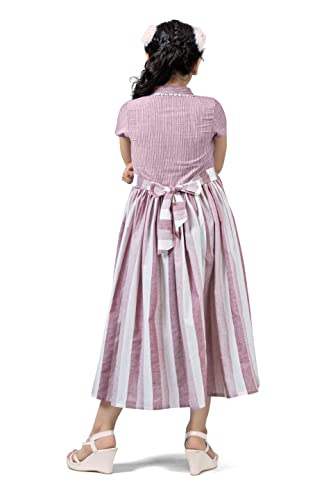 Image of Fashion Dream Girl Double Breasted Stripe Pattern Calf Length Dress(Pink 3-4 Year)