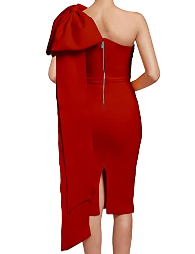 Image of UONBOX Women's One Shoulder Bowknot Long Sleeve Bodycon Knee Length Club Party Bandage Dress