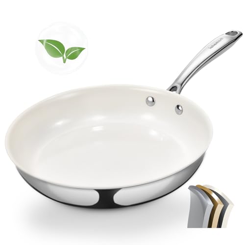 Image of SAKAMOSH 9.5 Inch Nonstick Ceramic Frying Pan, Tri-Ply Stainless Steel Frying Pan, Skillet with Stay-Cool Handle, Non Toxic, PFAS PFOA PTFE Free, Dishwasher & Oven Safe, Induction Compatible