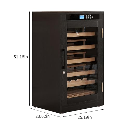 Image of KEIKI Freestanding Wine Refrigerator with Wood Cabinet, 69 Bottle Single Zone Wine Cooler, Humidity Control Tempered Glass Door, LED Light Lockable Pull-Out Shelves, for Home Bar Dining, Black