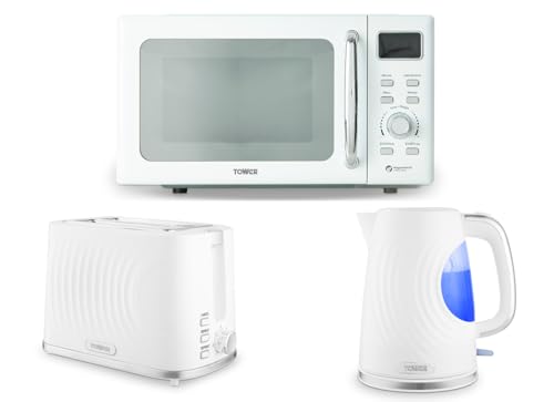 Tower Sonar White 1.7L 3KW Kettle, 2 Slice Toaster & T24041WHT 800W 20L Digital Microwave. Contemporary Matching White Kettle, Toaster Set & Microwave Set
