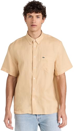 Lacoste Men's Short Sleeve Regular Fit Linen Button Down Shirt with Front Pocket