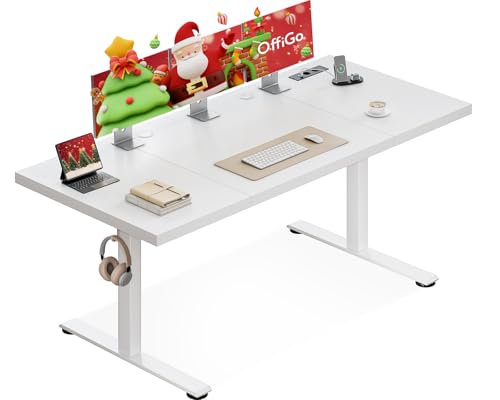 OffiGo Höhenverstellbarer Schreibtisch 180x70 cm, 35MM Tischplatte, Elektrischer Schreibtisch mit Steckdose, Standing Desk mit stabilen T-Beinen, Perfekte Ergonomie für Büro, Gaming, Weiß