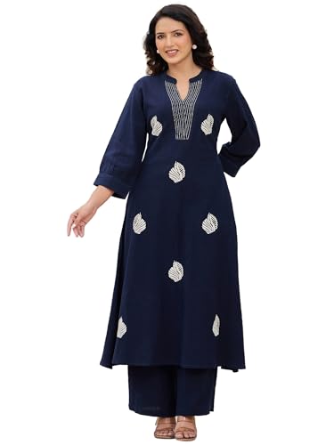 Image of INDO ERA Women's's Pure Cotton Embroidered Kurta Women | Floral Neck & Hem Embroidery | Cotton Kurta Women |