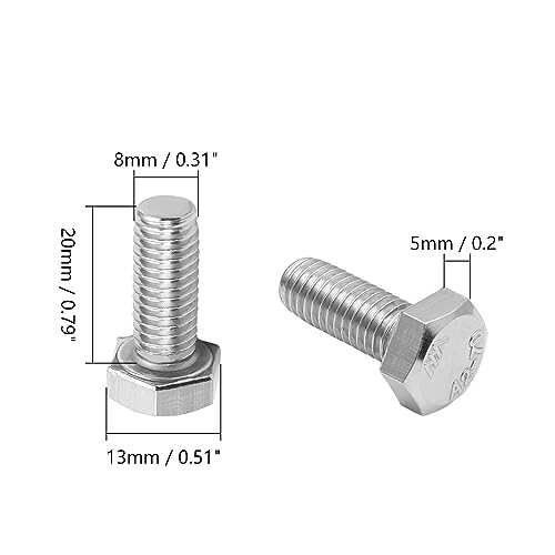 Image of Bettomshin 2Pcs M8 x 20mm Hex Bolts, 304 Stainless Steel 1.25mm Thread Pitch Fully Threaded Metric Hex Head Screw Bolts, Hexagon Screw Bolt, Hex Tap Bolts, Silver (Overall Size 24.8x13x13mm)