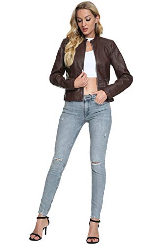 Fahsyee Women's Faux Leather Jackets,Coffee Crop Petite Zip Up Motorcycle Short Pu Moto Biker Outwear Stand Collar Fitted Slim Coat, Size Xxl #TOP5
