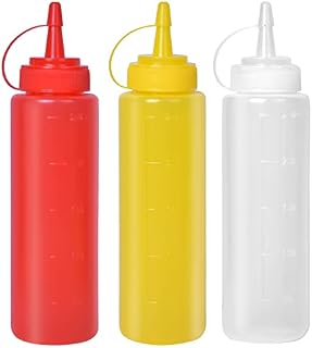 3 PCS Plastic Squeeze Bottles, Sauce Bottles with Cap,200ML Condiment Bottles Dispensers for Home Ketchup, Mustard, Mayo, Dressings, Olive Oil, Hot Sauce, BBQ Sauce Bottles (Red ,Yellow, Transparent)