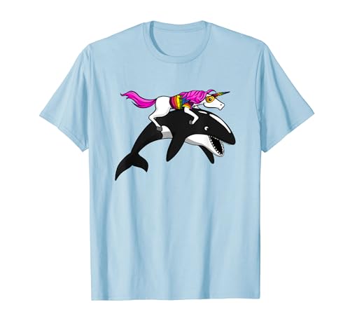 Unicornio Montando Orca Ballena Arco Iris Mágico Divertidos Camiseta