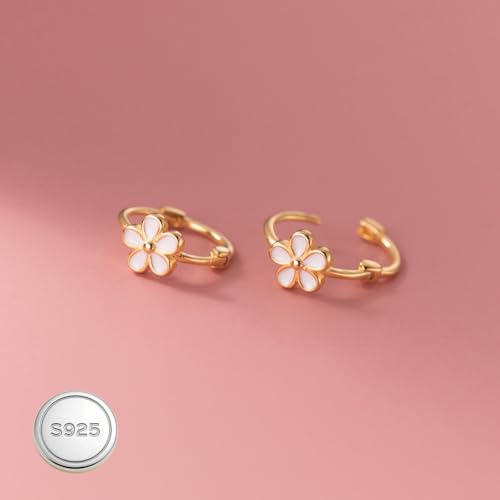 Image of Reffeer Solid 925 Sterling Silver Flower Hoop Earrings Huggie for Women Teen Girls Daisy Hoop Earrings Cartilage Helix Earrings