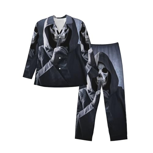 Grim Reaper Showing Hush Sign Mens Pajamas Set Button Down Sleepwear Set Long Sleeve Loungewear With Pockets3