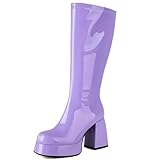 Roimaash Women's Mid-Calf Metallic Patent Platform Block Heels Goth Punk Gogo Disco Style Chunky Rave Boots Purple Size 39