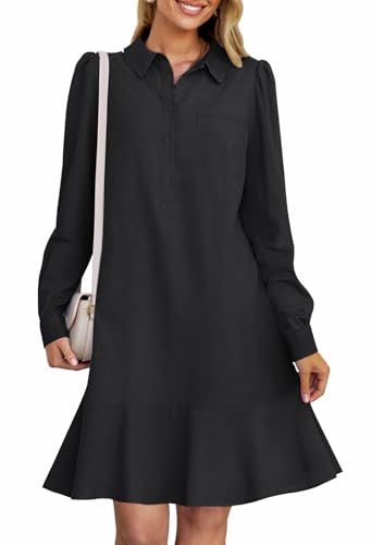 MEROKEETY Women's Casual Shirt Dress Long Sleeve Button Down Ruffle Flowy Tunic Shift Mini Dresses, Black, L