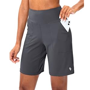 SANTINY Bermuda Shorts for Women with Zipper Pocket Womens High Waisted Long Shorts for Running Workout Athletic