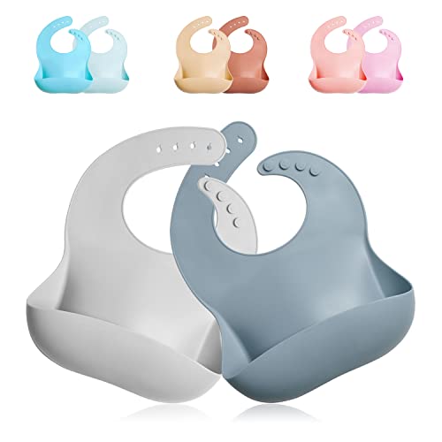 Image of GODR7OY Silicone Baby Bib, BPA Free Waterproof Bibs, Adjustable 2PCS (Gray Cool)