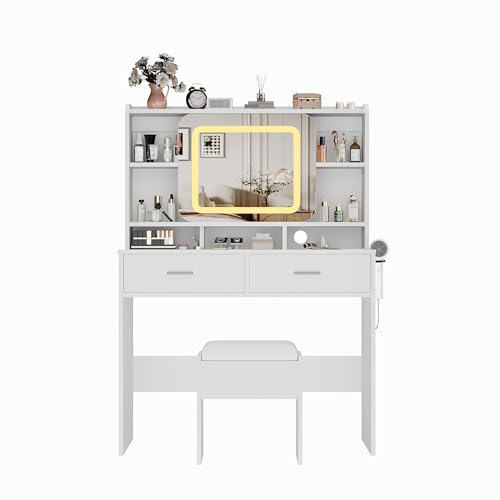 GarveeHome Vanity Desk with Sliding Mirror, Makeup Desk and Stool with Lights in 3 Colors, Girls Vanity Table with Charging Station, 2 Drawers & Stora