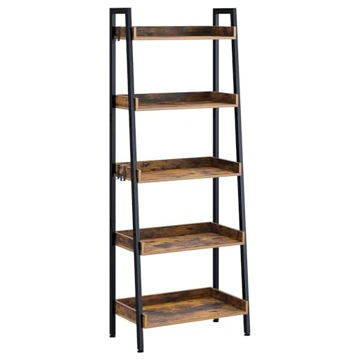 Rolanstar Bookshelf, 5 Tier Ladder Bookshelf with 3 Hooks, Industrial Bookcases, Freestanding Display Plant Shelves with Metal Frame for Living Room, Rustic Brown
