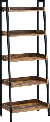 Rolanstar Bookshelf, 5 Tier Ladder Bookshelf with 3 Hooks, Industrial Bookcases, Freestanding Display Plant Shelves with Metal Frame for Living Room, Rustic Brown