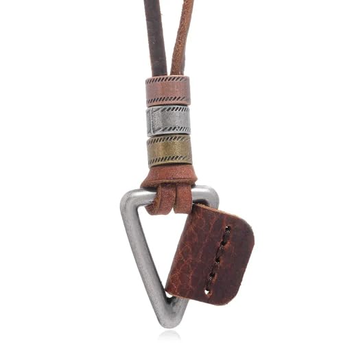 Image of THE MEN THING TRIGON BROWN - Vintage Alloy Triangle Pendant with Adjustable Pure Leather Cord Necklace for Men & Boys