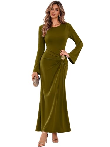 Sipaya Maxi Bodycon Dresses for Women Wedding Guest Formal Business Casual Long Sleeve Cocktail Outfits Midi Fall Fashion Winter Clothing Funeral Olive Green L - image 2