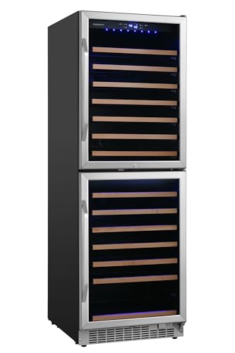 Image of EdgeStar CWR1553DD 142 Bottle 24 inch Built-In or Free Standing Dual Zone Double Door Wine Cooler with LED lighting and Door Lock - Stainless Steel