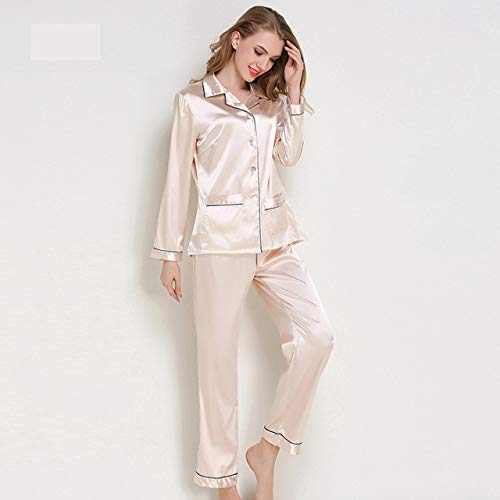 Pijamas Mujeres Primavera y otoño simulación Seda Ingreso Conjunto Pantalones de Manga Larga Rebeca Suelta Estilo hogar Ingreso