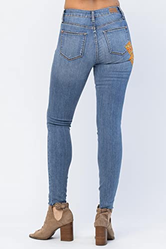 Judy Blue Mid Rise Skinny Jeans Boho Patch 70s Print Denim Stretch Fit Ladies Pants 885073