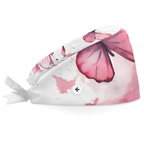 Mularoka Watercolor Butterfly Working Caps with Button Sweatband Comfortable Adjustable Bouffant Hats Work Hat for Women Men