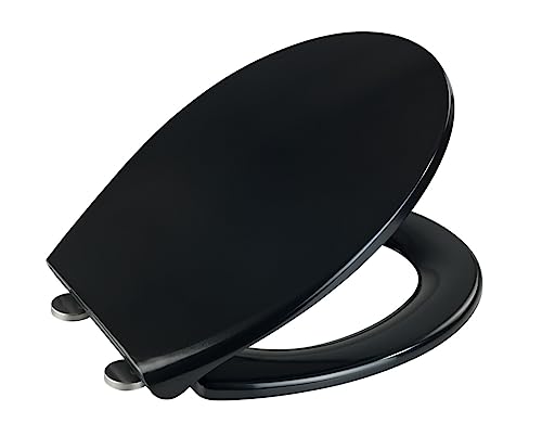 WENKO WC-Sitz Mod. Vorno Neo Toilettensitz mit Absenkautomatik antibakteriell aus Duroplast in Schwarz mit Fix-Clip Schnellbefestigung Deckel 37x46 cm Brille 37,5x46 cm Edelstahl Befestigung