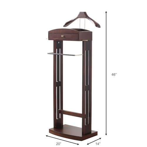Image of Proman Products Milan Valet Stand with Drawer, Top Tray, Contour Hanger, Trouser Bar, Tie & Belt Hooks and Shoe Rack - VL16226, Dark Walnut
