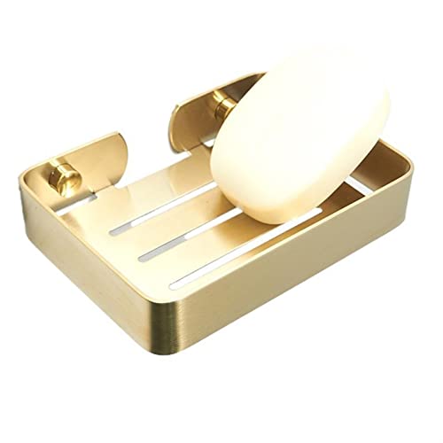 EGQLQ Soap Dish Brushed Gold Stainless Steel Rectangular Wall Mounted Soap Holder with Drain and Screws (Small)