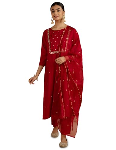 Image of Kaari Women's Hand Embroidered Kurta Set with Dupatta - Straight Fit | Silk Blend Fabric with Dabka Work | Sequin Work Organza Dupatta | Straight Pant with Side Pocket | Kurta Set For Women