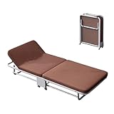 Cama plegable Queen con respaldo ajustable y marco de acero grueso, cama individual para adultos en la oficina o habitación de invitados, colchón de esponja gruesa incluido (marrón, 188 x 90 cm)