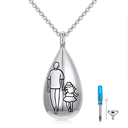 PROESS Father/Mother Daughter Teardrop Urn Necklace for Ashes for Men Women Sterling Silver Teardrop Ashes Keepsake Necklace Urn Cremation Jewelry