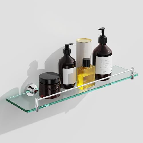 KOCOK 20 Inches Glass Shelves for Bathroom, Chrome Polished Floating Glass Shelf Stainless Steel Tempered Glass Bathroom Shelves for Wall Mount Modern