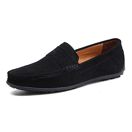 Men's Loafers Shoes Genuine Leather Round Toe Stitching Details Suede Vamp Rubber Sole Penny Loafer Slip Resistant Lightweight Flexible Wedding(Black,10 M US)