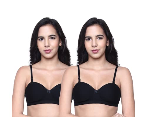 Image of INKURV Cotton Rich Padded T-Shirt Bra for Women, Seamless, Non-Wired with Detachable Straps, Sweet Heart Neckline, Everyday Bra 3 /4th Coverage with no spillage- ROMI Combo of 2