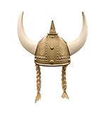 Nicky Bigs Novelties Adult Gold Viking Helmet with Horns & Braids - Plastic Norse Barbarian Warrior Hat - Cosplay Halloween Costume Accessory