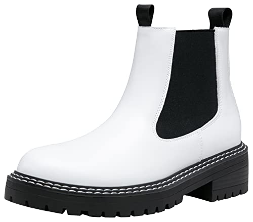 Jeossy Women's 9605 Chelsea Ankle Boots White Slip on Short Booties for Women Size 7(DJY9605 White 07)