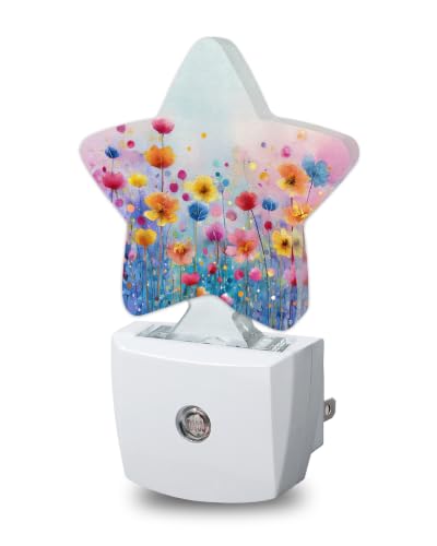 Image of Watercolor Floral Star Night Light Plug in, Decorative Night Light for Kids Room Nursery Bedroom, Soft Glow Sensor Lamp for Hallway Bathroom, Compact Energy Saving