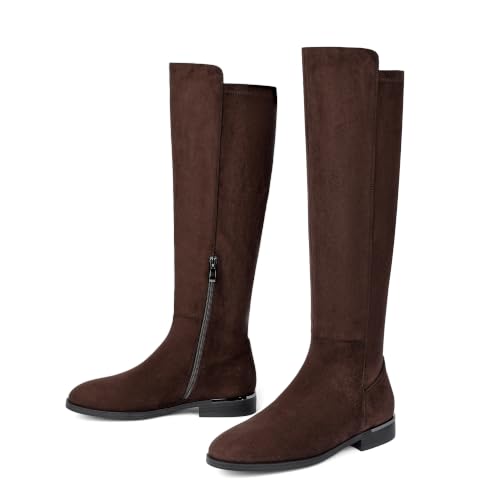 Image of Modatope Rounded Toe Flat Stretchy Dress Knee High Boots Side Zipper | Suede Elastic Fall Winter Boots, Low Chunky Block Heel Riding Boots,2026 Fashion Womens Tall Long Boots
