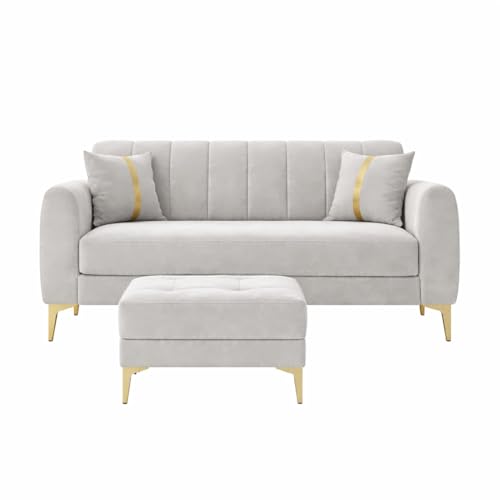 Image of Hermione Luxe Velvet-Suede Fabric 2 Seater Sofa Set with Ottoman | Golden Legs | Comfortable Seating | Modern Sofa for Living Room - Light Gray