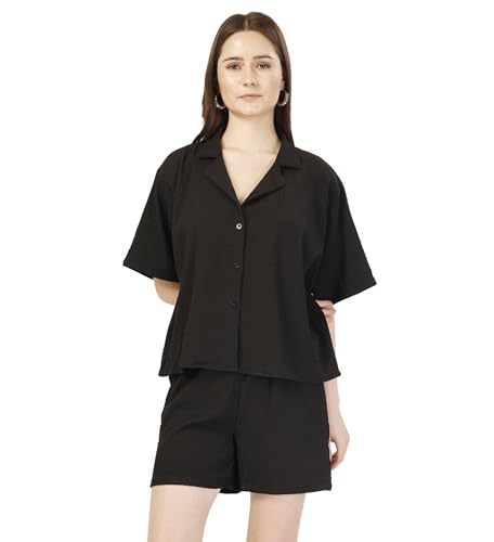 Image of Fashfun Women's Coord-Set (Solid Orange Crepe Collar Neck Shirt with Pant-Set of 2)