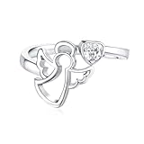 CCWPXX Anillo de plata de ley 925 con diseño de ángel de la guarda, alas de ángel de plumas, ajustable, anillo abierto, regalo para mujeres e hijas, circonita cúbica de plata