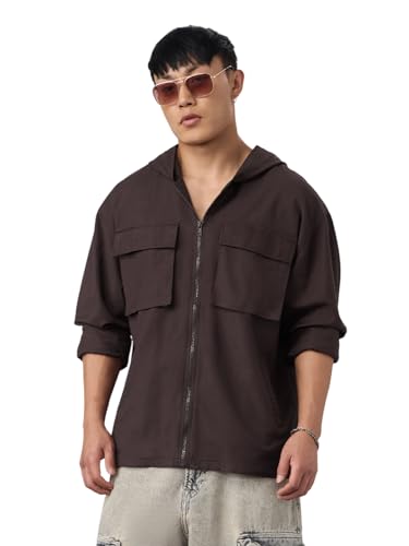 Image of The Souled Store Utility Hoodie: Cocoa Men and Boys Full Sleeves Hooded Neck Cocoa Brown Solid Cotton Linen Oversized Fit Breathable Fabric Zipper Hoodie