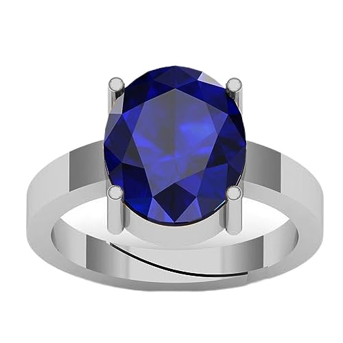 7.25 Ratti/6.25 Carat Oval Shape Natural Blue Sapphire Gemstone Silver Plated Adjustable Ring For Women And Men