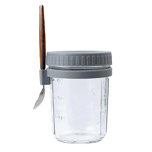TLIOCAS Wide Mouth Overnight Oats Glass Container Jar with Lid and Spoon, 10OZ Leak-Proof To Go Overnigh Oatmeal Mason Jar for Prepare Breakfast Salads Cereal Milk (Gray)