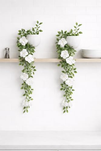 Image of Blessence Set of 2 Artificial Flower Creeper Hanging with Pot 99 cm, Ivy Vine Garland with Small Size Pot for Home Office Wall Shelf Table Living Room Decor (Green and White)